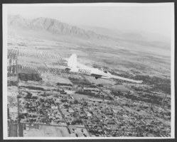 Aerial photograph of an airplane flying over Las Vegas, Nevada, circa 1982-1990s