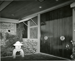 Black-and-white photograph of front door and porch of the Wilbur Clark residence, Las Vegas, Nevada, 1955