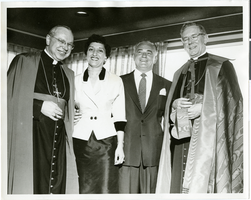 Photograph of Toni and Wilbur Clark with Bishop Robert Dwyer and Cardinal James McIntyre, circa 1950s