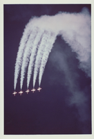 Photograph of five Thunderbirds planes performing aerial stunts, 1980