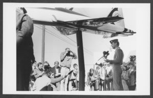 Photograph of Captain Dale Cooke speaking to the press at Nellis Air Force Base, Nevada, January 20, 1982