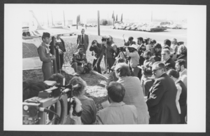 Photograph of Captain Dale Cooke speaking to the press at Nellis Air Force Base, Nevada, January 20, 1982