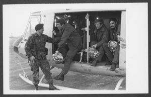 Photograph of Royal Air Force officers as they arrive at Nellis Air Force Base, Nevada, December 25, 1979