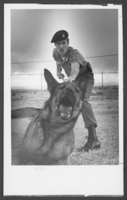 Photograph of Airman 1st Class Michael Webb with a police dog, Nellis Air Force Base, Nevada, March 28, 1979