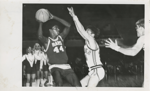Photograph of Rancho High School basketball vs. Sparks, location unknown, circa 1970s