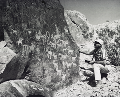 Photograph of Elbert Edwards looking at petroglyphs in Meadow Valley Wash, Nevada, circa 1960s-1970s