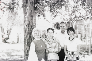 Black-and-white photograph of Virginia "Teddy" Fenton, Maurine Wilson, Hal Erickson, Anna Dean Kepper, Las Vegas, Nevada, 1975