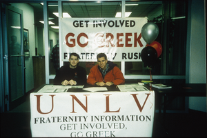 Slide of fraternity information table, University of Nevada, Las Vegas, circa 1990s