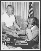 Black-and-white photograph of Wilbur Clark and Lyndon B. Johnson, circa 1950s-1960s