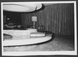 Black-and-white photograph of a view of the fireplace in the Wilbur Clark's living room, Las Vegas, Nevada, circa 1950s