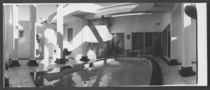 Black-and-white photograph of Wilbur Clark's private swimming pool at his home, Las Vegas, Nevada, circa 1950s