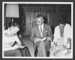 Black-and-white photograph of a CBS Television crew preparing to shoot at Wilbur Clark's home, Las Vegas, Nevada, circa 1950s