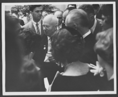 Black-and-white photograph of Russian Premier Nikita Khrushchev at a reception, location unknown, 1959