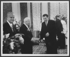 Black-and-white photograph of Nikita Khrushchev's reception, location unknown, 1959