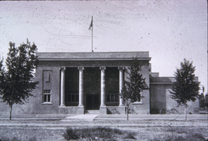 Slide of Las Vegas High School destroyed by fire, early 1900s