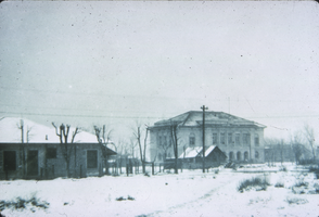Slide of snow-covered courthouse, Las Vegas, circa early 1900s