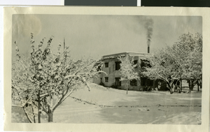 Photograph of a hospital in snow, Las Vegas, circa January, 1937