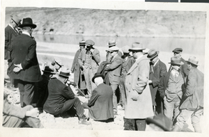 Photograph of men standing on the future site of the Boulder Dam, Nevada, circa 1920s