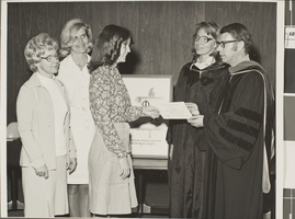 Black-and-white photograph of Phi Lambda Alpha officers, University of Nevada, Las Vegas, circa 1977