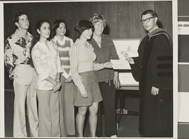 Black-and-white photograph of Phi Lambda Alpha officers, University of Nevada, Las Vegas, circa 1977