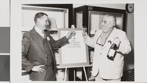 Black-and-white photograph of Hal Erickson and Louis Szathmary, University of Nevada, Las Vegas, October 10, 1981