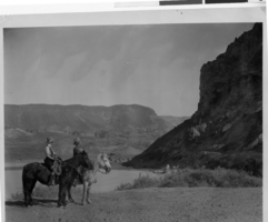 Photograph of Alta Ham and another person with horses near Colorado River, 1929