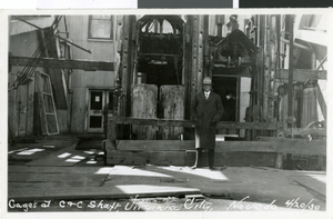 Postcard of a man at C & C Shaft, Virginia City, Nevada, April 20, 1930