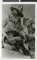 Postcard of a donkey and a prospector, circa early 1900s