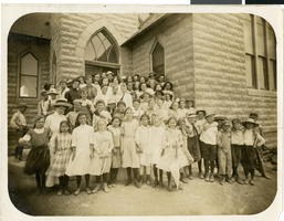 Photograph of students in front of the first Methodist church in Las Vegas, circa 1910