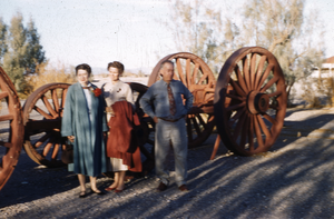 Slide of Maurine Wilson and two others in Death Valley, 1953