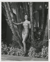 Black-and-white photograph of woman in swimsuit from Fanny's Dress Shop, Las Vegas, August 17, 1947