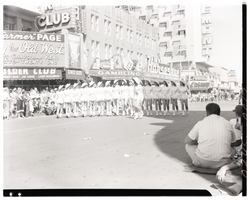 Film transparency of women's precision marching team entry in the Helldorado Parade on Fremont Street, Las Vegas, Nevada, May, 1958