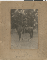 Photograph of Cy. E Johnson on his horse at Camp Thomas, June 27, 1898