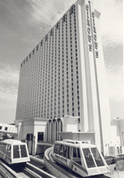 Photograph of the hotel tower and monorail at Circus Circus, circa 1975