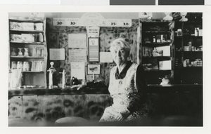 Photograph of Elizabeth Andre at Andre's Fountain in Beatty (Nev.), 1930s