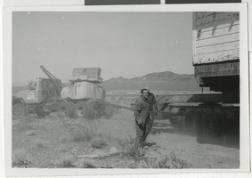 Photograph of the Union Pacific Railroad Depot being transported from Boulder City (Nev.), 1974