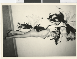 Photograph of a topless showgirl with a feather headdress and tail, Dunes Hotel, Las Vegas (Nev.), 1957-1960s