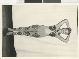 Photograph of a showirl posing in a diamond motif costume, Dunes Hotel, Las Vegas (Nev.), 1957-1960s
