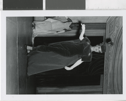 Photograph of showgirl in velvet dress, Las Vegas (Nev.), 1957-1960s