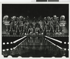 Photograph of seventeen of the Minsky's Burlesque cast on stage at the Aladdin, Las Vegas (Nev.), 1970