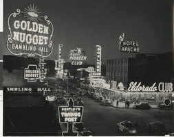 Black-and-white photograph of Fremont Street, Las Vegas (Nev.), 1940s-1950s