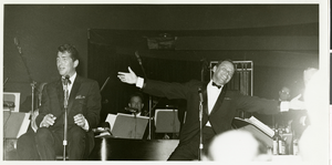 Photograph of Dean Martin and Frank Sinatra onstage at the Sands Hotel, Las Vegas, January 22, 1964