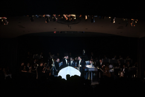 Slide transparency of Dean Martin, Sammy Davis, Jr. and Frank Sinatra onstage at the Copa Room in the Sands Hotel, Las Vegas, circa 1960s