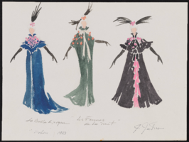 Untitled original drawing: three women in opera capes and feathered headpieces, 1983