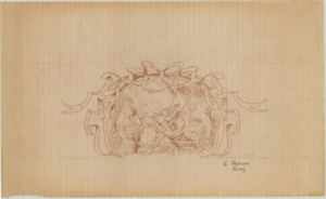 Untitled sketch: outdoor scene with statuary and female figure