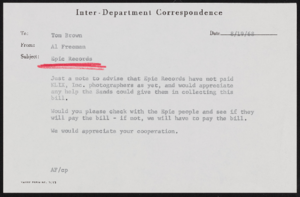 Epic Records biographical accounts and correspondence with the Sands Hotel