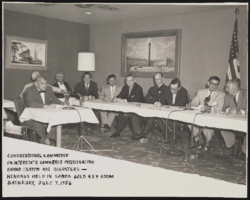 Sands media brochures, envelopes, Sands Times magazines, Sands printing block, and story boards. Includes portrait of Congressional Committee on Interstate Commerce Investigating Grand Canyon Air Disasters hearings