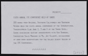 Sands Hotel Convention Sales Manager Ken Swanson: press release and photograph