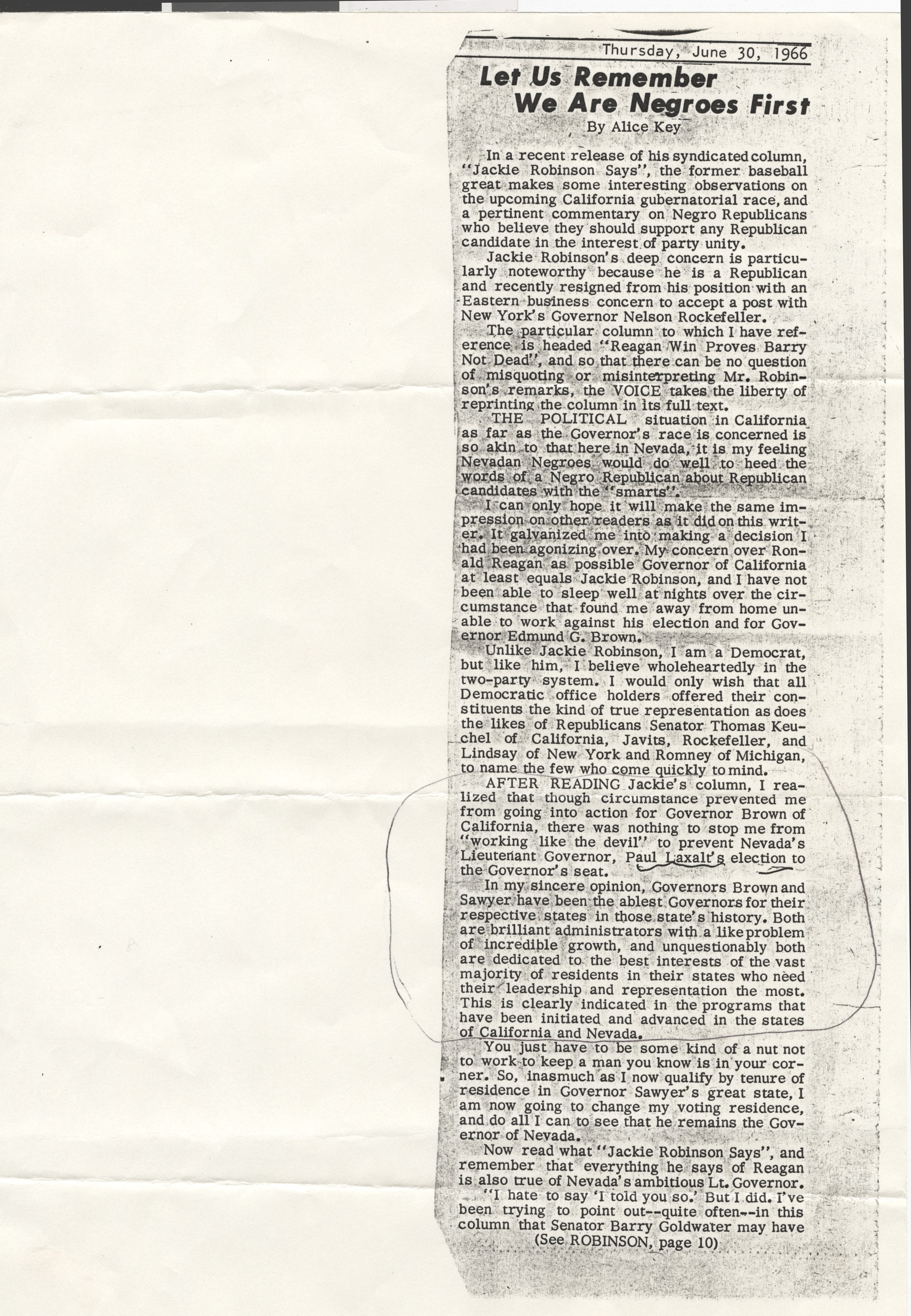 Newspaper clipping (copy), Let Us Remember We are Negroes First, by Alice Key, publication unknown, June 30, 1966