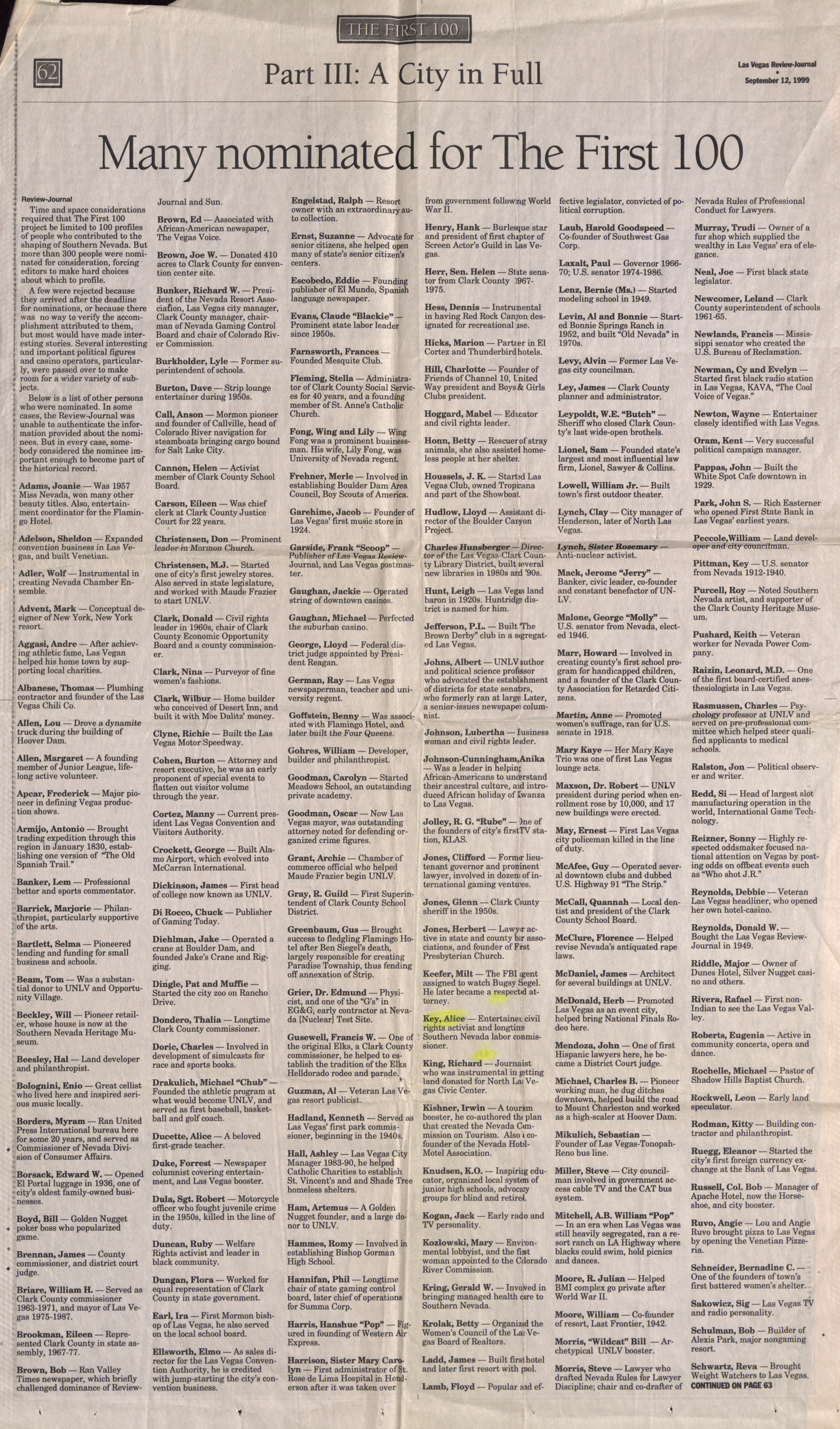 Newspaper clipping, Many nominated for The First 100, Las Vegas Review-Journal, September 12, 1999